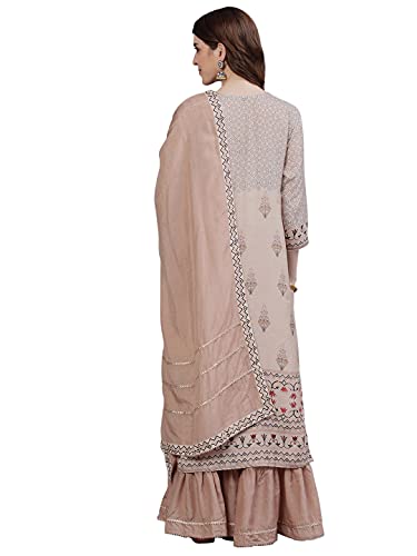 Image of ishin Women's Silk Peach Zari Embroidered A-Line Kurta set With Sharara And Dupatta