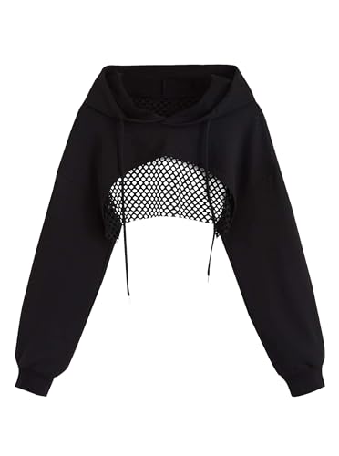 Remidoo Women's Hollow Out Cropped Hoodie Drawstring Long Sleeve Crop Top Sweatshirt Black Medium