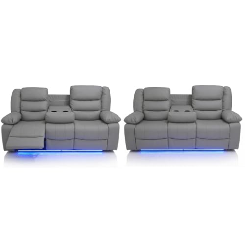 Madrid Leather Electric Recliner Sofa With Cupholders - Leather Sofa - 3+2 Seater - USB Charging Ports - LED Lights (Grey, 3+3 Seater)
