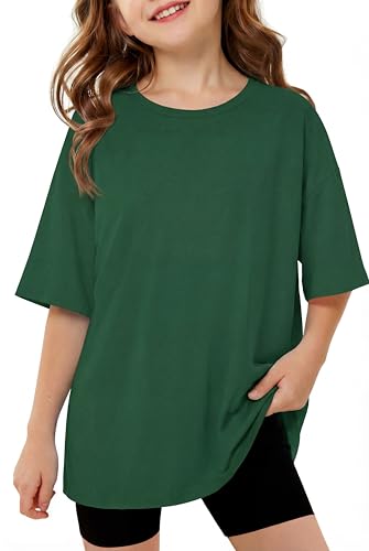 Image of Arshiner Girls' Tee Shirt Crew Neck Oversized Tshirt Slit Hem School Sports Tops Kids' Summer Lightweight Solid Shirts Basic Tee for Girls Green 11-12 Years