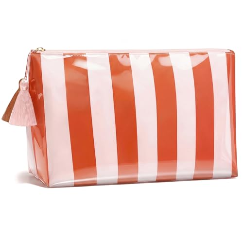 LETGO Striped Clear Sunscreen Bags for Beach Pool,Preppy Makeup Bag for Women,Sun Bag Waterproof Travel Toiletry Makeup Bag,Travel Beach Pool Summer Essentials Bag for Women Girls(Orange Pink)