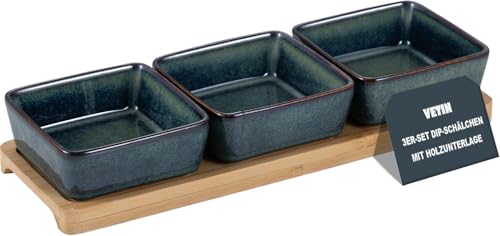 VETIN 3 * Dipschalen Set mit Brett Holz, Servierschalen Set, Snackschalen (Farbverlauf Grün 3er Set)
