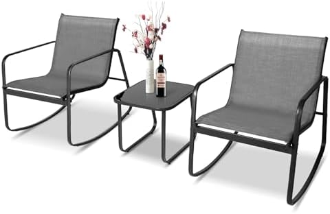 SUNCROWN 3-Piece Outdoor Rocking Bistro Set, Outdoor Furniture Set with Patio Rocking Chairs, and Glass-top Table, Small Conversation Set of 3 for Porch, Lawn, Garden, Yard, Balcony, Poolside, Grey SUNCROWN 3-Piece Outdoor Rocking Bistro Set, Outdoor Furniture Set with Patio Rocking Chairs, and Glass-top Table, Small Conversation Set of 3 for Porch, Lawn, Garden, Yard, Balcony, Poolside, Grey