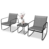SUNCROWN 3-Piece Outdoor Rocking Bistro Set, Outdoor Furniture Set with Patio Rocking Chairs, and Glass-top Table, Small Conversation Set of 3 for Porch, Lawn, Garden, Yard, Balcony, Poolside, Grey