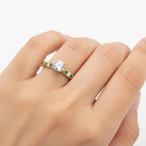 Image of Choose Your Gemstone Petite Pave Diamond CZ Engagement Ring Yellow Gold Plated Round Shape Petite Engagement Rings Minimal Modern Design Birthday Gift Wedding Gift US Size 4 to 12