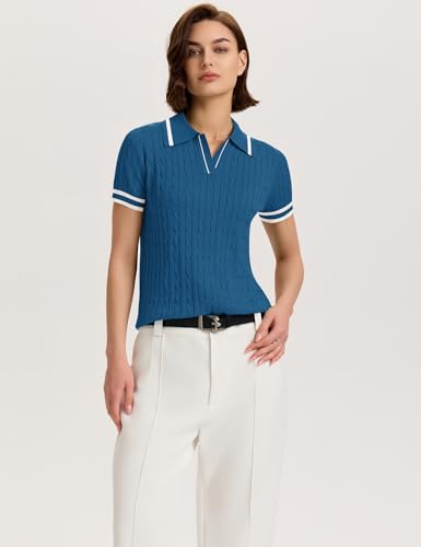 Image of Micoson Womens Short Sleeve Sweater Tops Lapel V Neck Polo Shirts 2026 Summer Cable Knit Loose Blouse Business Casual Outfits