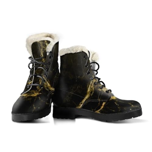 Faux Fur Leather Boots With Black Gold Marble Print -