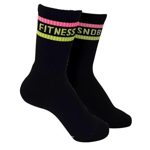 Image of Black Womens Neon Striped Crew Socks, Athletic Gym & Running Crew Socks for Women
