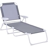 Outsunny Folding Lounge Chair, Portable Outdoor Chaise Lounge, Sun Tanning Chair with 4-Position Reclining Back, Armrests, Metal Frame and Mesh Fabric for Beach, Yard, Patio, Gray