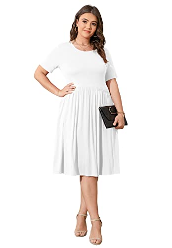 Image of POSESHE Womens Plus Size Summer Dress 2026 Casual Short Sleeve Empire Waist Loose Fit Swing T-Shirt Dress with Pockets
