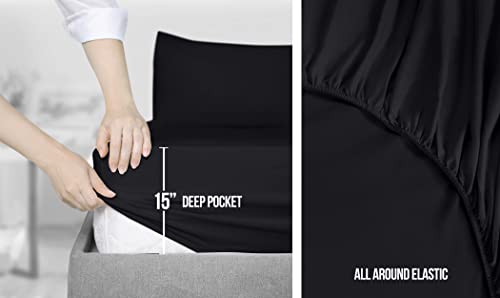 Utopia Bedding Queen Sheet Set – Soft Microfiber 4 Piece Luxury Bed Sheets With Deep Pockets - Embroidered Pillow Cases - Side Storage Pocket Fitted Sheet - Flat Sheet (Black) #TOP4