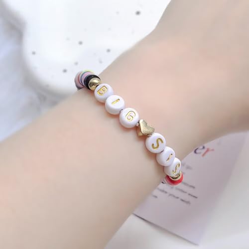 Image of Big Sister Gifts For Little, Pastel Rainbow Heart Rainbow Ball Big Little Sister Bracelet Announcement, Birthday Jewelry