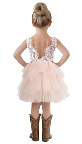 2Bunnies Girl Beaded Peony Lace Back A-Line Tiered Tutu Tulle Flower Girl Dress (Pink Sleeveless Short, 9-10YRS)