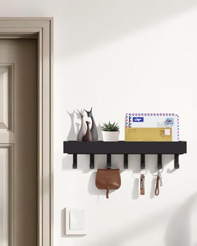 Image of Key Holder Wall Mount Magnetic Adhesive, Key Hooks Rack with Shelf | Key Hanger with Mail Organizer for RV Camper Fridge Living Room Decor, Home Essentials, Large Black
