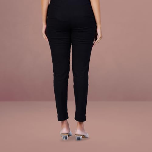 Image of Happy Bunny Cotton Blend Lycra Kurti Pants for Women, Soft 30% Stretch Full Length Trousers with Elastic Waist & Zip Pocket, Ideal for Office, Work, Casual, Home Wear Breathable Slim Fit