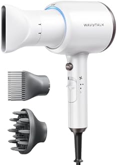 Wavytalk Hair Dryer, Blown Away Ionic Hair Dryer for Curly Hair with Diffuser, 1875W Fast Drying Blow Dryer with Ceramic Technology, 3 Attachments for All Hair Types, Light and Quiet, White
