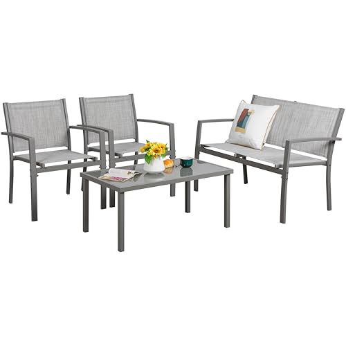 Image of Vongrasig 4 Pieces Patio Furniture Sets,Outdoor Patio Conversation Sets with Glass Coffee Table, Small Porch Balcony Furniture, Patio Table and Chairs Set for Garden, Backyard (Silver)