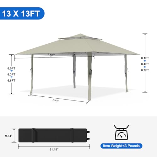 Pop Up Canopy Tent 13x13 FT, Outdoor Easy Setup Gazebo with Wheeled Carry Bag, Heavy Duty Outside Shelter with UV-Resistant Top, Portable Instant Sun Shade for Garden Camping Events, Khaki - Image 4