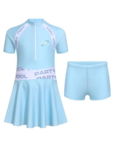 TTAO Big Girls 2 Pieces Swimdress Suits Short Sleeve Zip Neck One Piece Swimwear with Bottoms