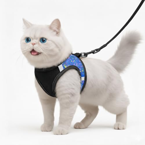 Image of Berlin's Cat Harness with Leash for Outdoor, Walking, Escape Proof, Air Mesh Fabric, Easy Control, Adjustable & Durable Cat Leash with Harness for Cats (Black-Printed Blue, Small)