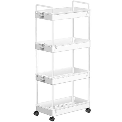 TATIU キッチンワゴン キャスター付き 隙間収納 23cm ワゴン スリム 4段 洗面所 収納 ハンドル2個付き ペットボトル 調味料 小物 スリムラック キッチン 洗面台 トイレ バスルーム 冷蔵庫横 ホワイト