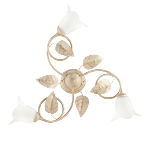 Plafoniera Classica 3Luci Foglie in Ferro Battuto Vetro Avorio Oro Serie Limone