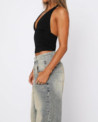 Womens Backless Halter Tops Deep V Neck Sexy Crop Tank Top Open Back Sleeveless Slim Fit Y2k Summer Tops2