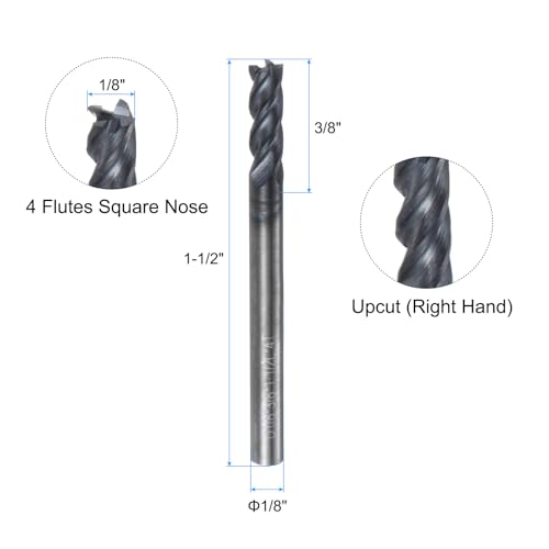 Image of uxcell Carbide Square End Mill, 1 /8 inch Diameter TiAlN Coated 4 Flutes Milling Bit Cutter, for Hardened Steel Stainless Steel Alloy Metal, 1 /8 inch Shank 3 /8 inch Cut Length 1-1 /2 inch Long HRC50