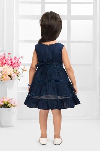 Image of Soft Cotton Lace Work Knee Length Fit & Flare Dress for Kids & Girls, Flower Embellished Frock for Casual & Special Occasion