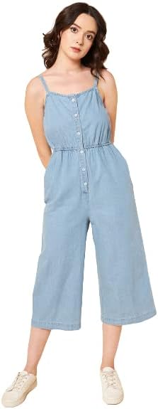 High StarWomen Pure Cotton Strappy Denim Jumpsuit, Light Blue, S