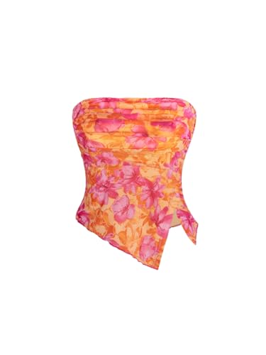 Milumia Women Floral Mesh Strapless Ruched Tube Top Split Hem Sleeveless Bandeau Crop Tops