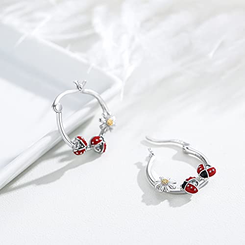 Ladybug Earrings 925 Sterling Silver Small Hoop Daisy Earrings Ladybug Huggies Earring Jewelry Gifts For Women Teen Girls Girlfriend Mom #TOP4