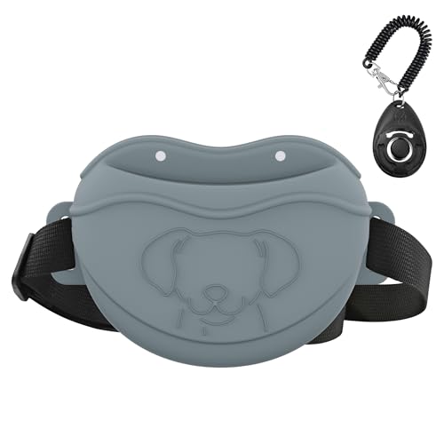 AWINNER Dog Treat Pouch - Premium Silicone - Upgrade 4 Strong Magnets Enhanced Magnetic Closure, Adjustable Waist Belt - Ideal for Puppy Training and Outdoor Walks (Grey)