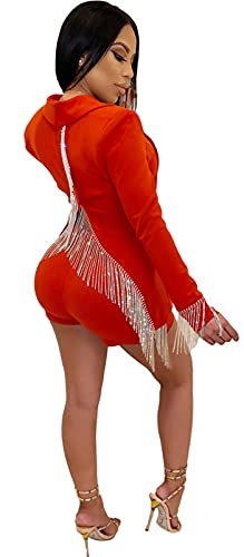 Womens Sexy 2 Pieces Back Slit Tassel Blazer Jackets Bodycon Shorts Party Casual Elegant Business Suit Outfits Set(Tassel red,L)3