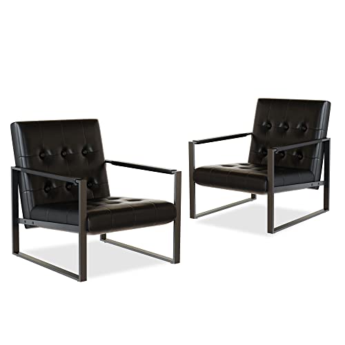 Hooseng Pu Leather Accent Chair Set Of 2, Modern Mid Century Reading Chair With Extra-Thick Padded Backrest And Seat Cushion, Armchair Single Sofa Chair For Living Room Bedroom Reading Room,Black #TOP2