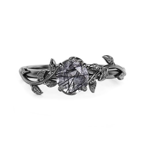 1CT Round Cut Natural Black Rutilated Quartz Leaf Ring for Women Inspired Branch Leaf Ring Rutilated Quartz Promise Engagement Statement Anniversary Ring for Her