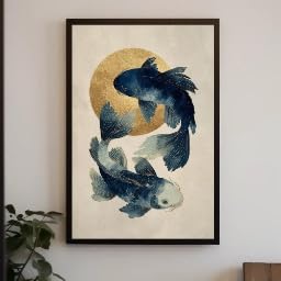 Affiche Poissons Koi Indigo TONGYINLI toile zen salon 30x40cm