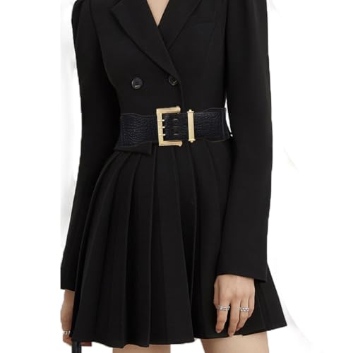 Wide Elastic Waist Belt for Women Ladies Black Crocodile Pattern with Gold Buckle Stretchy Cinch Belt for Dress2