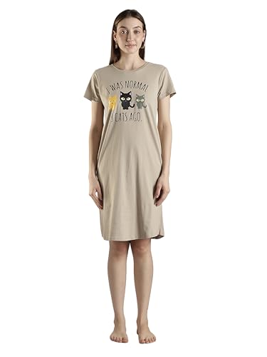 Image of 9shines Label Hosiery Cotton Knee Length Short Night Dress | Short Nighty for Women with Pocket | Graphic Print Nightwear | Night Gown for Women (M-7XL)
