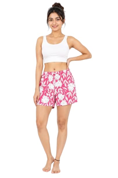 Women's Cotton Printed Lounge Shorts | Soft Breathable Sleep Shorts | Elastic Waist Casual Nightwear & Loungewear Shorts for Women | Pink Floral Print-picture-39