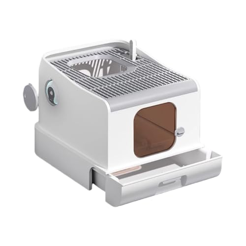 Vollebo 猫トイレ 下から入る 上から出る 自動脱臭 引き出し式 飛び散り防止 大型 猫用トイレ 密閉型 消臭 掃除簡単 多頭飼い対応 ABS樹脂 丈夫 丸型デザイン スロープ付き おしゃれ コンパクト 室内飼い 清潔 衛生的 砂落とし構造 (本体+