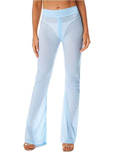 Agoky Damen Mesh Lange Hose locker Schlaghose transparent Dessous Bikini Cover up UV Schutz Bademode Strandkleidung Blau C Einheitsgröße Cover