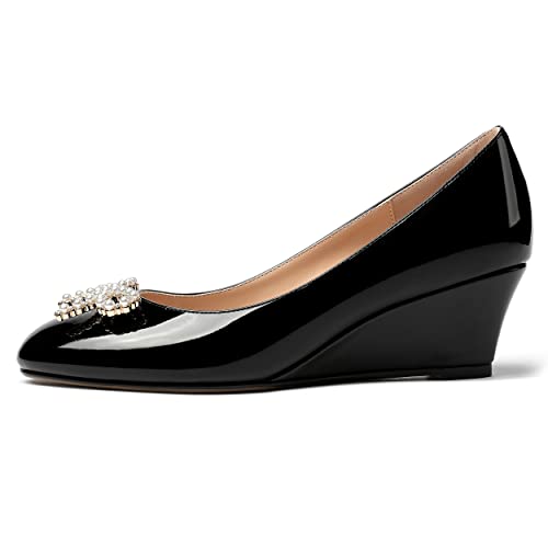 MERRORI Women's Pumps Wedge Low Heels Pumps Patent Slip On Rhinestones Bow Round Toe Shoes 2 Inch2