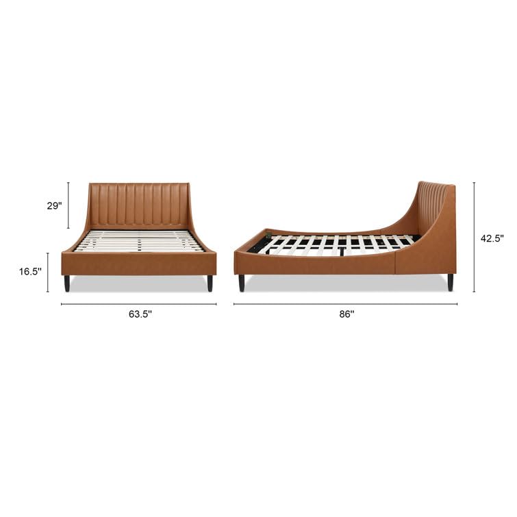 Image of HITHOS Solid Wood Modern Upholstered Queen Size Bed with Wingback Headboard | Wooden Double Bed Cot Palang Without Storage (Caramel Tan Brown) 1 Year Warranty