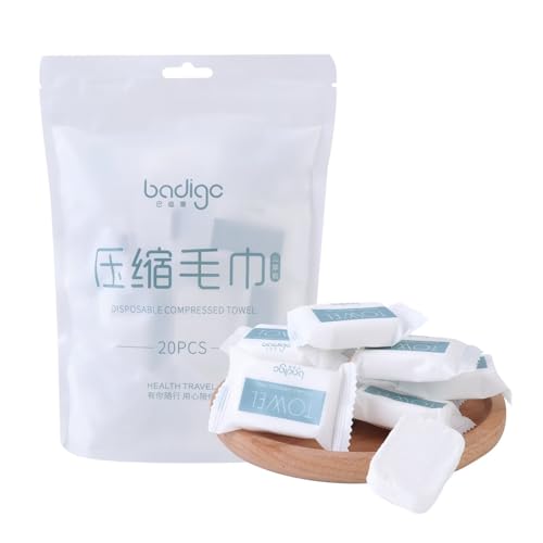 Badigo Compressed Towel Tablets - Disposable Travel Towels Face Wipes Cotton Coin Tissue for American Camping Hiking Sports Outdoors Gears Portable Compact Toilet Papers Reusable Washcloths 20 Pieces