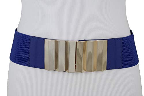 Women Fashion Elastic Waistband Wide Blue Color Belt Hip High Waist Gold Metal Buckle Fit Size S M