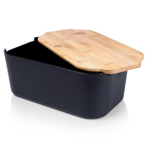 Vilde Bread Bin with Wooden Board, Bread Basket, Bread Box, Bread Container, Black, 33 x 18.5 x 12 cm