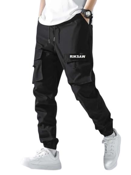 riksaw Men's Cargo Polyester Pants for Men || Regular Fit Mid Rise Cargo Joggers Solid Pants-picture-21