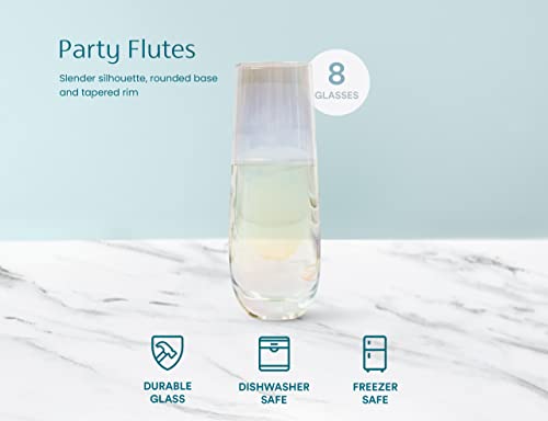 KooK Stemless Iridecent Champagne Flutes, Durable Glass, Great for Mimosa, Cocktails, Toasting Weddings Glasses, 9.4 oz, Set of 8