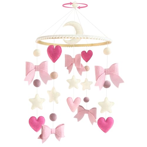 Image of Teeloray Baby Mobile for Crib Pink Bow Baby Crib Mobile for Girls Handmade Coquette Bow Nursery Decor for Infant Bedroom Hanging Pink Girls Room Decor for Bassinet Gender Reveal Newborn Gifts